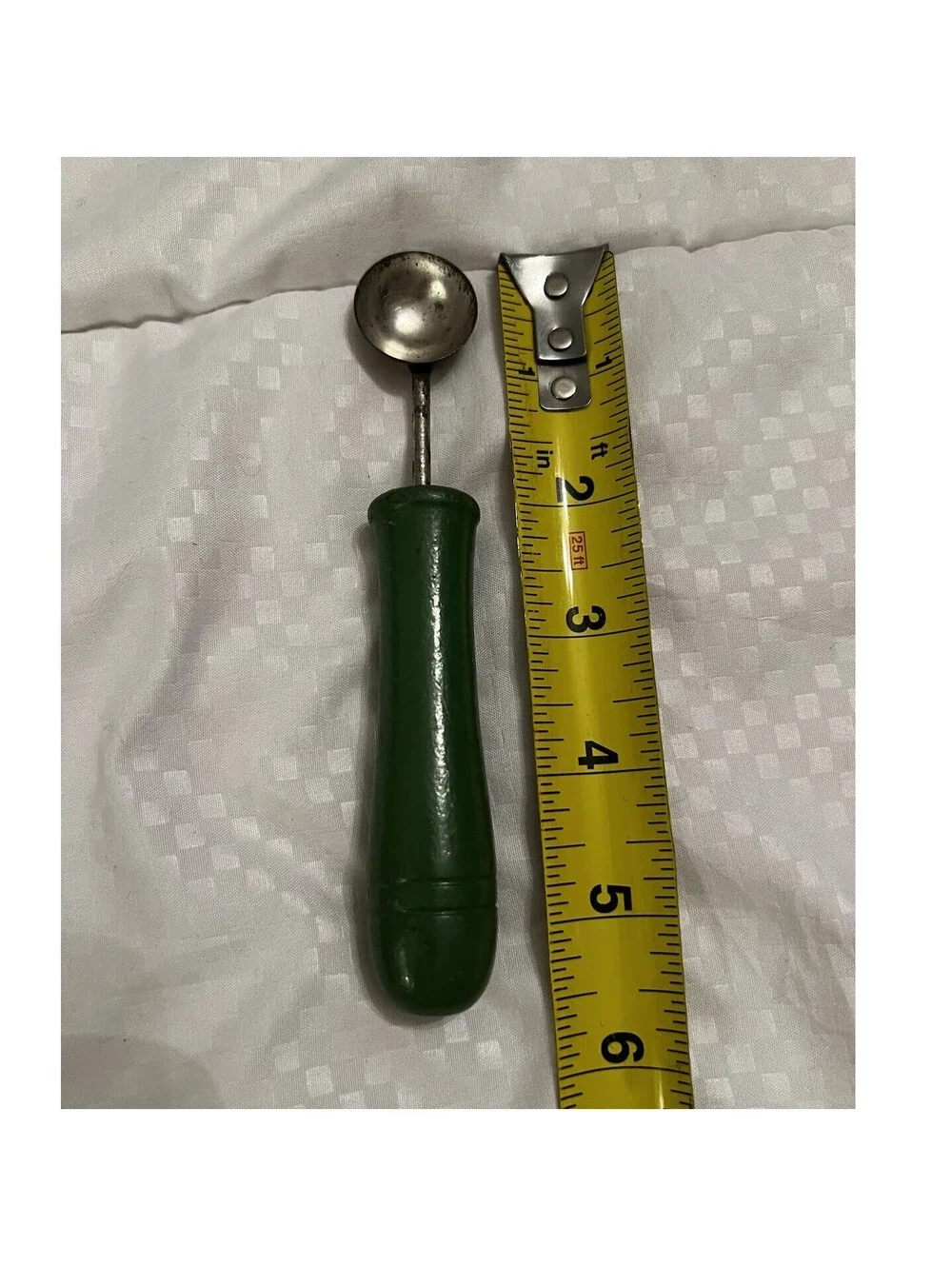 Vintage Small Metal Scoop Olive Green Wooden Handle melon ball